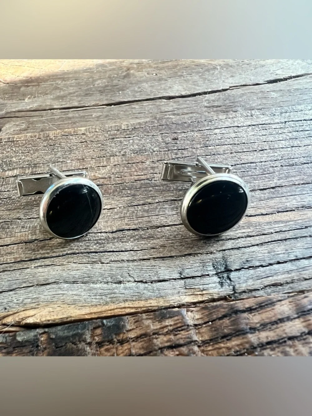 Black Onyx Round Cufflinks - Men's Silver-Tone Accessories